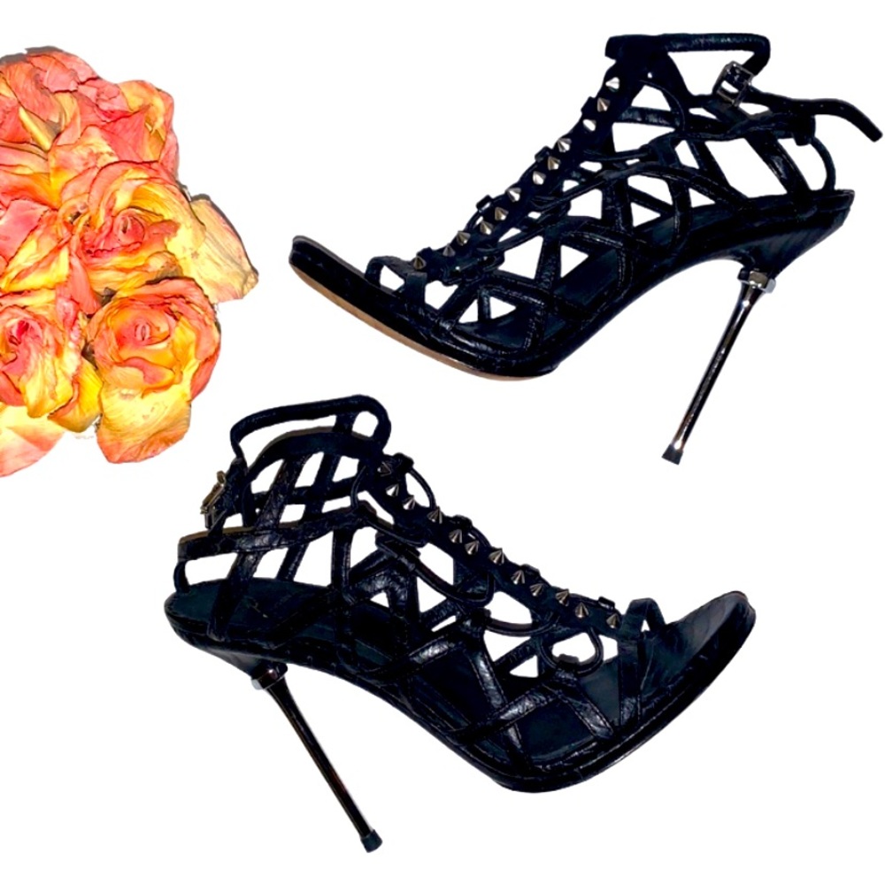 🔴 Brian Atwood black leather sandal caged pumps